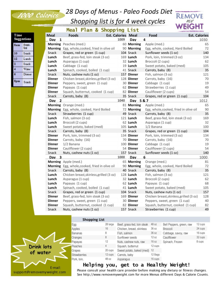 1000 Calories 28 Day Paleo Diet With Shoppong List PrintableDietPlan