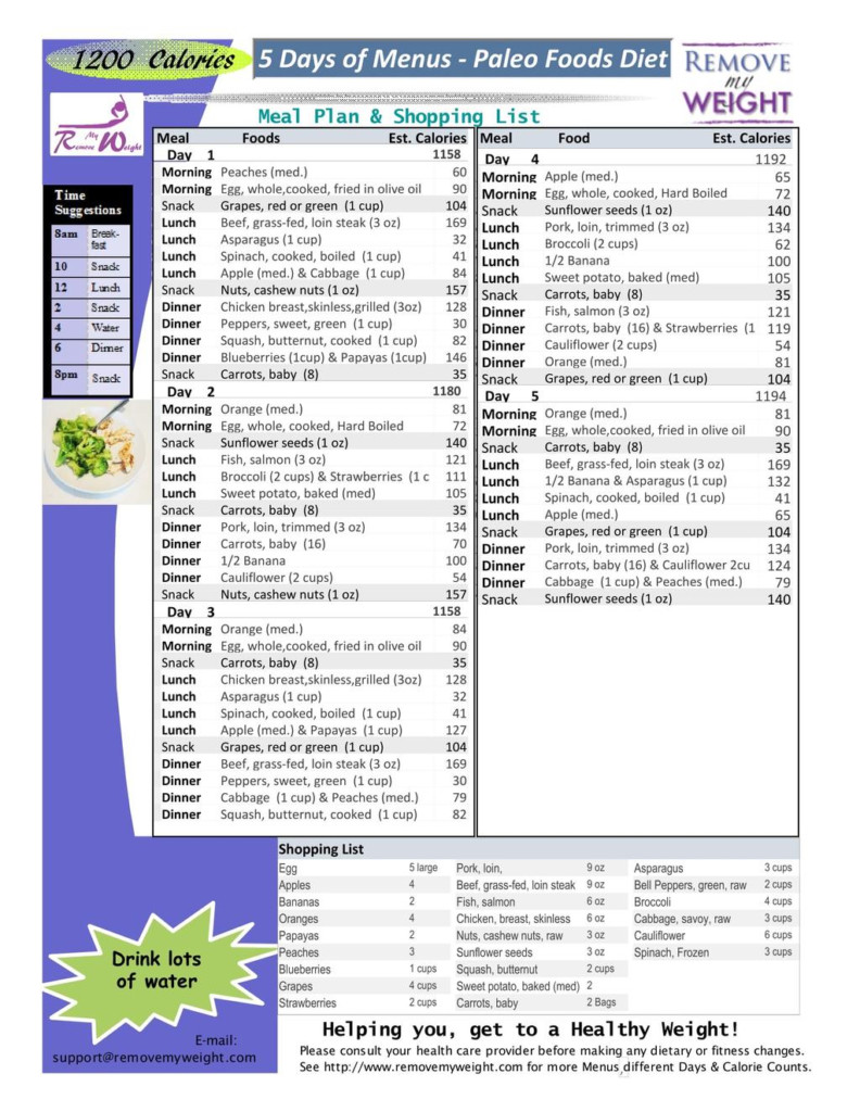 1200 Calorie A Day Paleo Diet 5 Day Menu Plan With | PrintableDietPlan.com