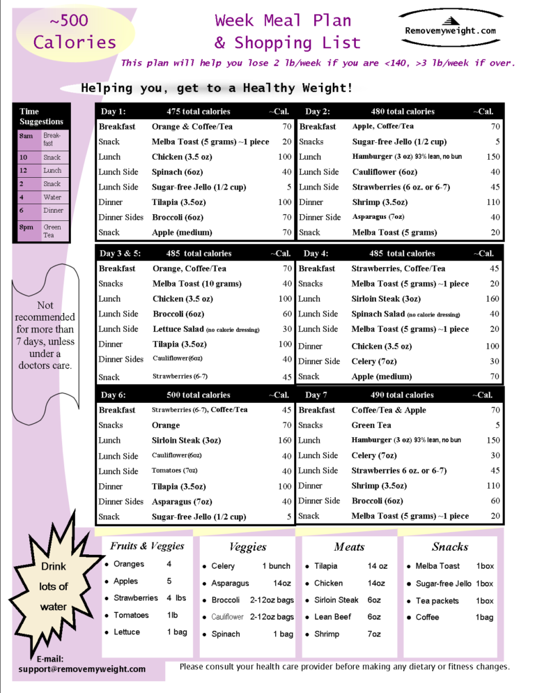 Printable 500 Calorie Diet Plan Pdf PrintableDietPlan