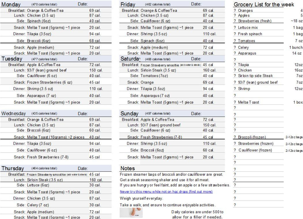 Hcg Printable Diet Plan