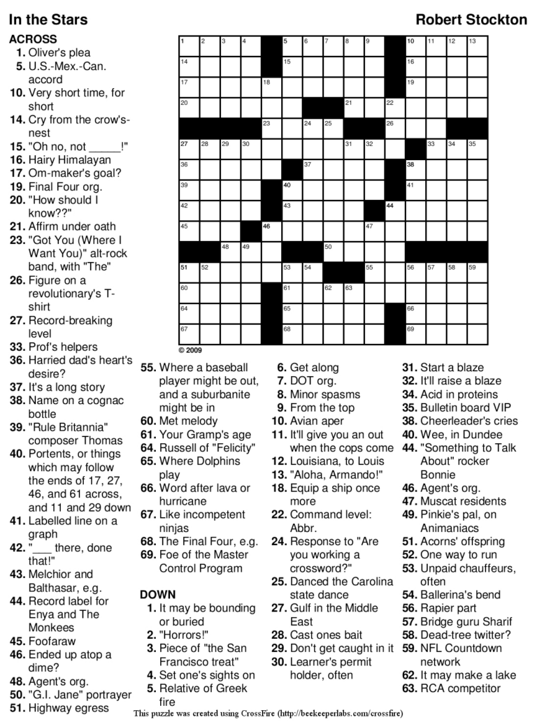 Free Printable Crossword Puzzles Medium Difficulty Printable